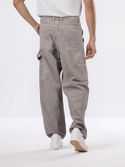 Celio* Men Beige Solid Baggy Fit Cotton Trousers