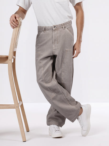 Celio* Men Beige Solid Baggy Fit Cotton Trousers