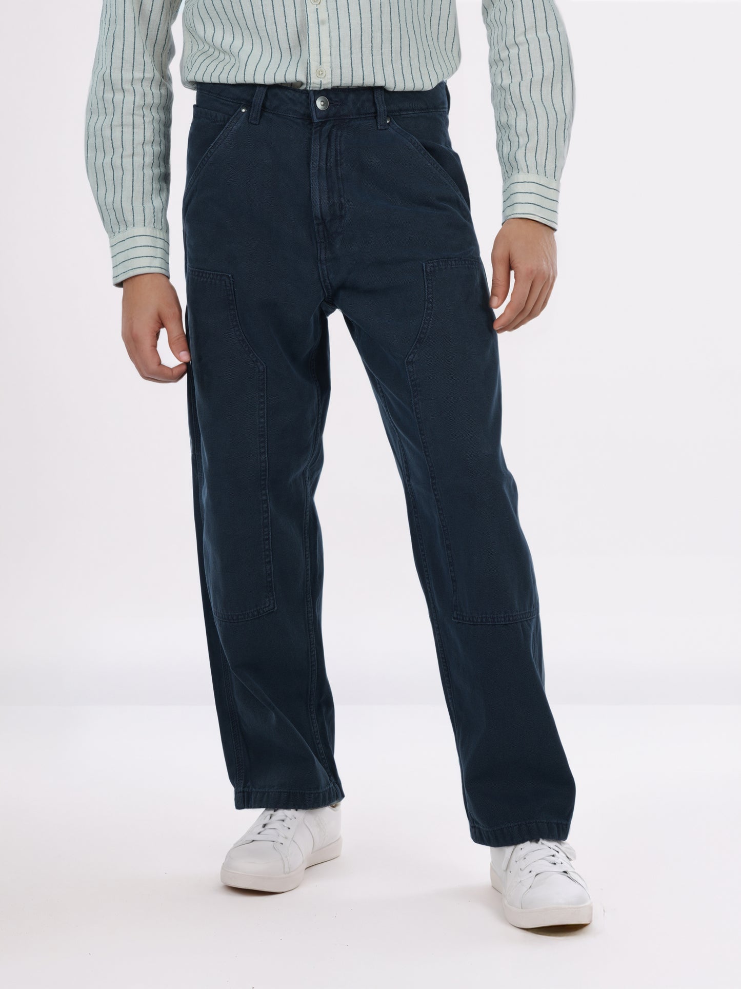 Celio* Men Blue Solid Baggy Fit Cotton Trousers