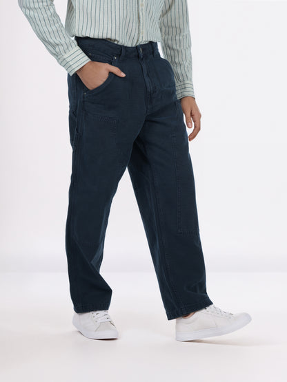 Celio* Men Blue Solid Baggy Fit Cotton Trousers