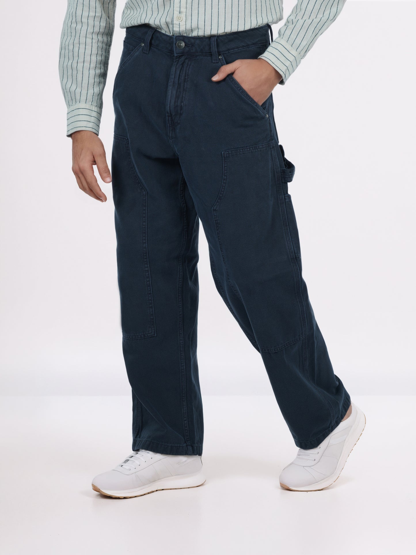 Celio* Men Blue Solid Baggy Fit Cotton Trousers