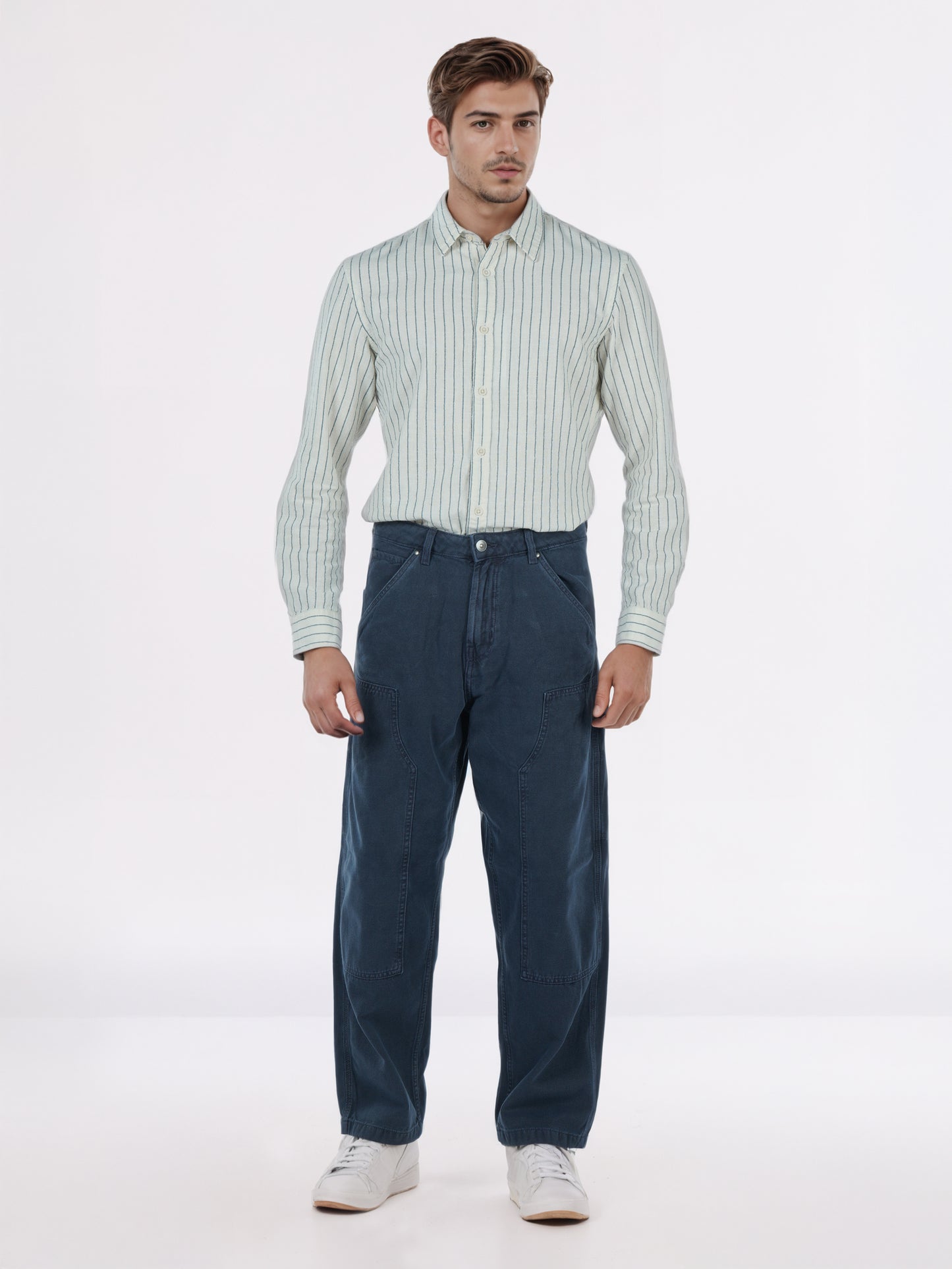 Celio* Men Blue Solid Baggy Fit Cotton Trousers