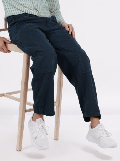 Celio* Men Blue Solid Baggy Fit Cotton Trousers