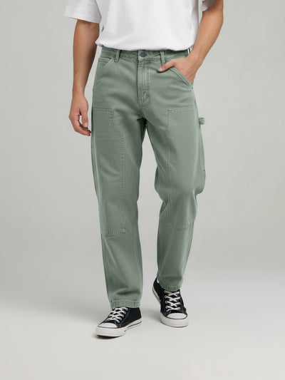 Celio* Men Olive Solid Relaxed Fit Cotton Trousers
