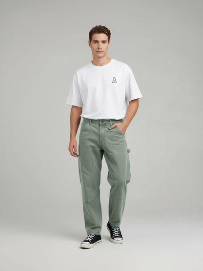 Celio* Men Olive Solid Relaxed Fit Cotton Trousers