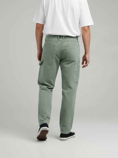Celio* Men Olive Solid Relaxed Fit Cotton Trousers