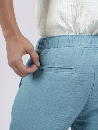 Celio* Men Blue Solid Jogger Fit Cotton Trousers