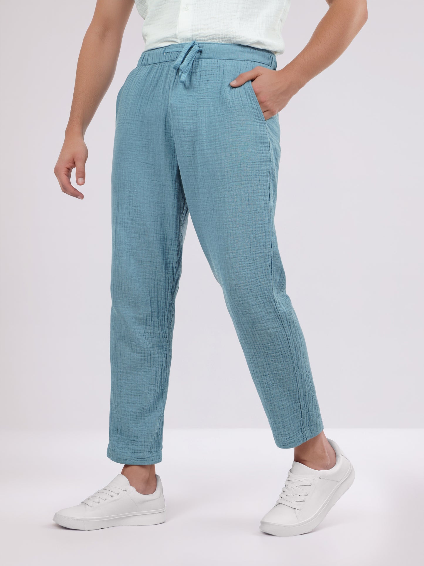 Celio* Men Blue Solid Jogger Fit Cotton Trousers