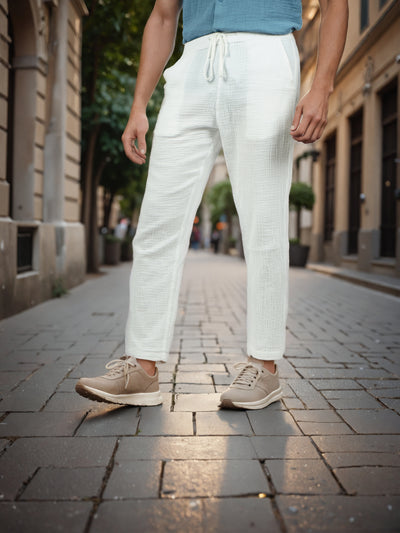 Celio* Men White Solid Jogger Fit Cotton Trousers