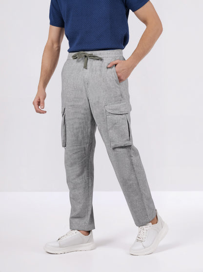 Celio* Men Grey Solid Straight Fit Cotton-Linen-Blend Trousers