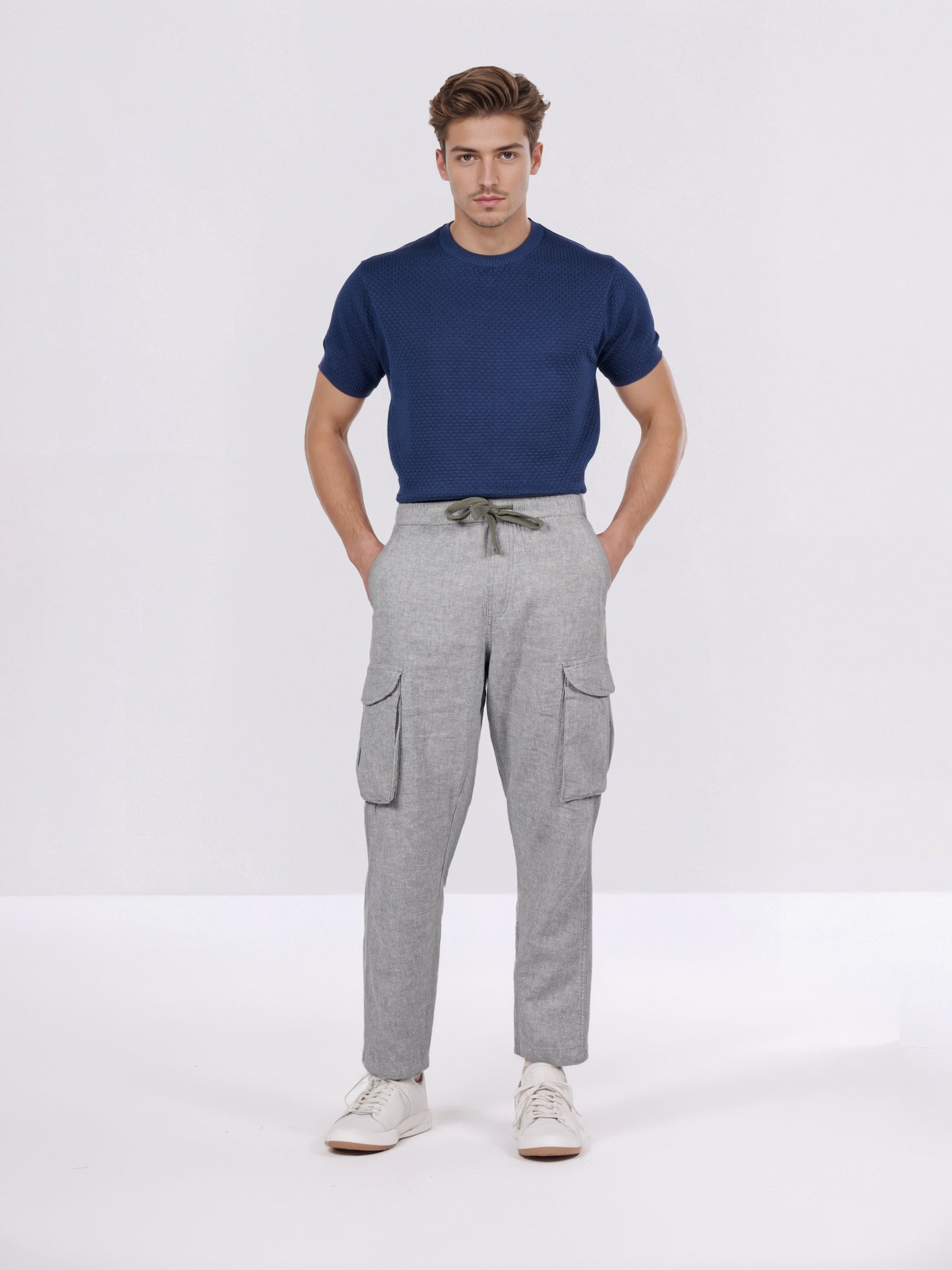 Celio* Men Grey Solid Straight Fit Cotton-Linen-Blend Trousers