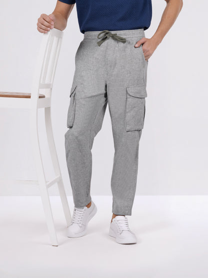 Celio* Men Grey Solid Straight Fit Cotton-Linen-Blend Trousers