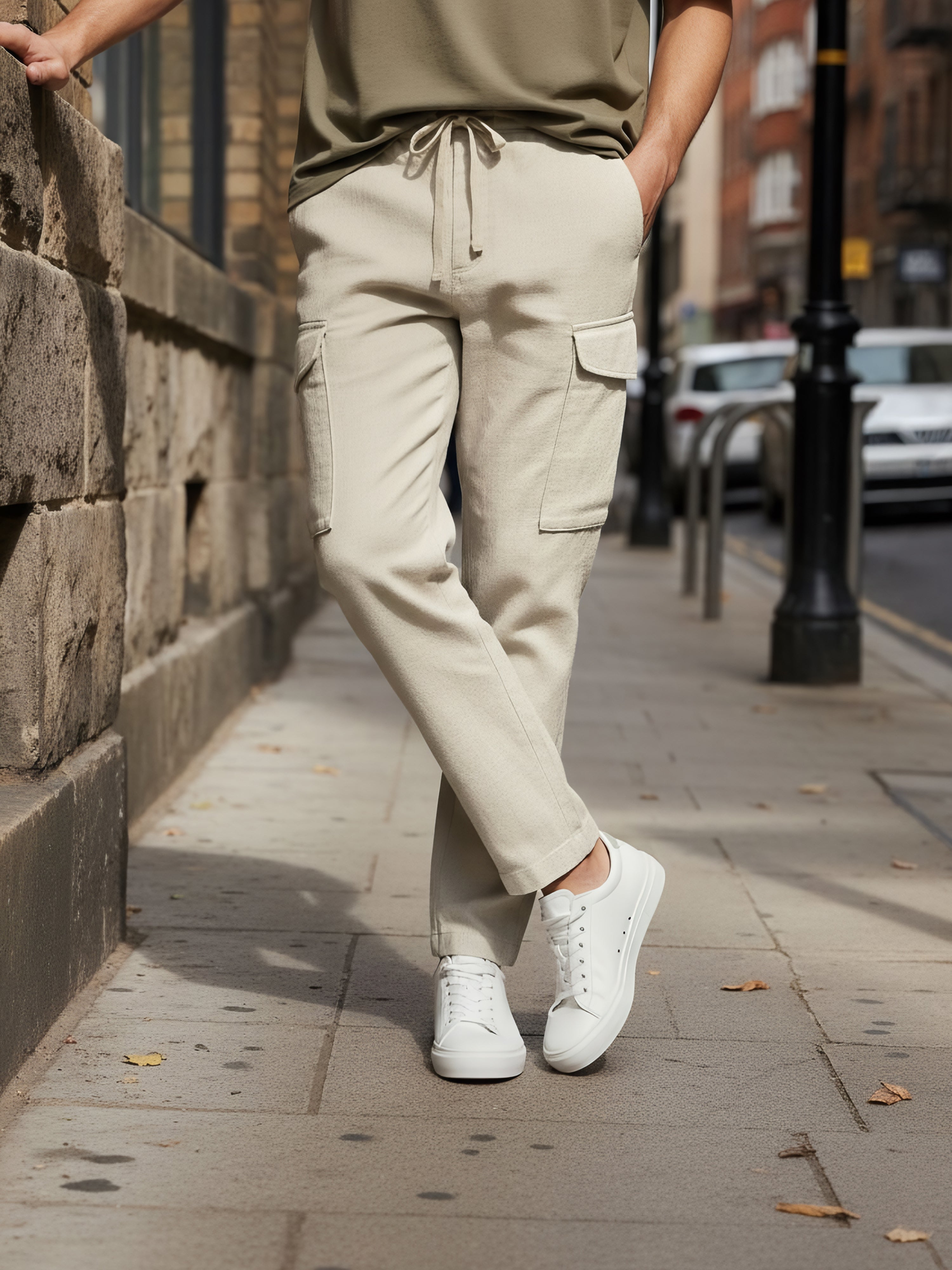 Celio Men  Cream Solid straight-fit Cotton-Linen-Blend Trousers