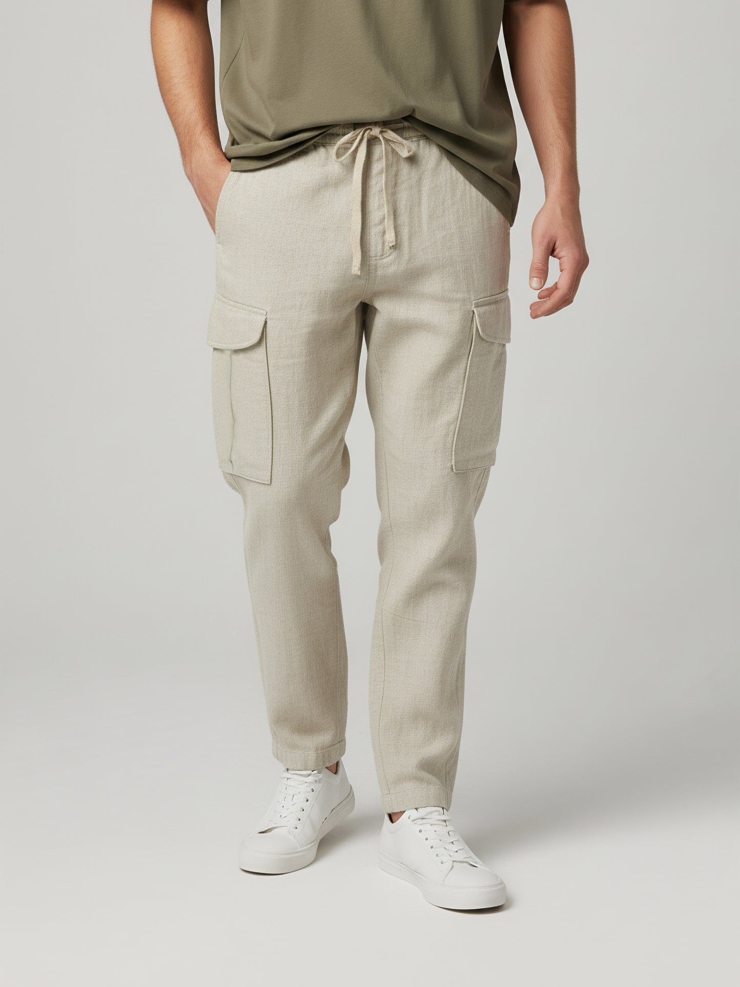 Celio* Men  Cream Solid straight-fit Cotton-Linen-Blend Trousers