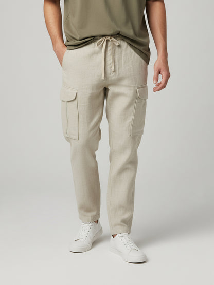 Celio* Men  Cream Solid straight-fit Cotton-Linen-Blend Trousers