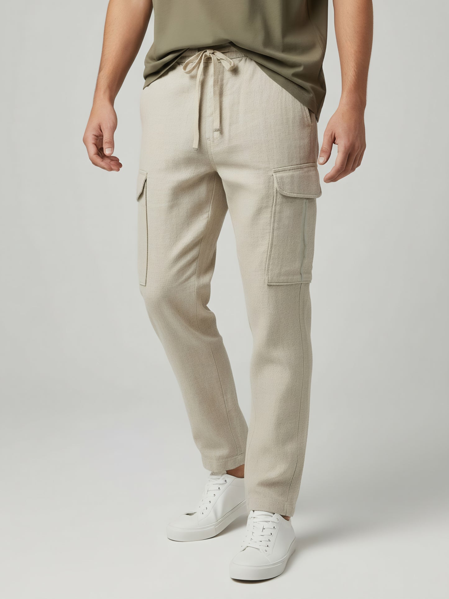 Celio* Men  Cream Solid straight-fit Cotton-Linen-Blend Trousers
