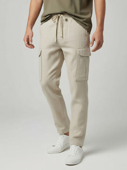 Celio* Men  Cream Solid straight-fit Cotton-Linen-Blend Trousers