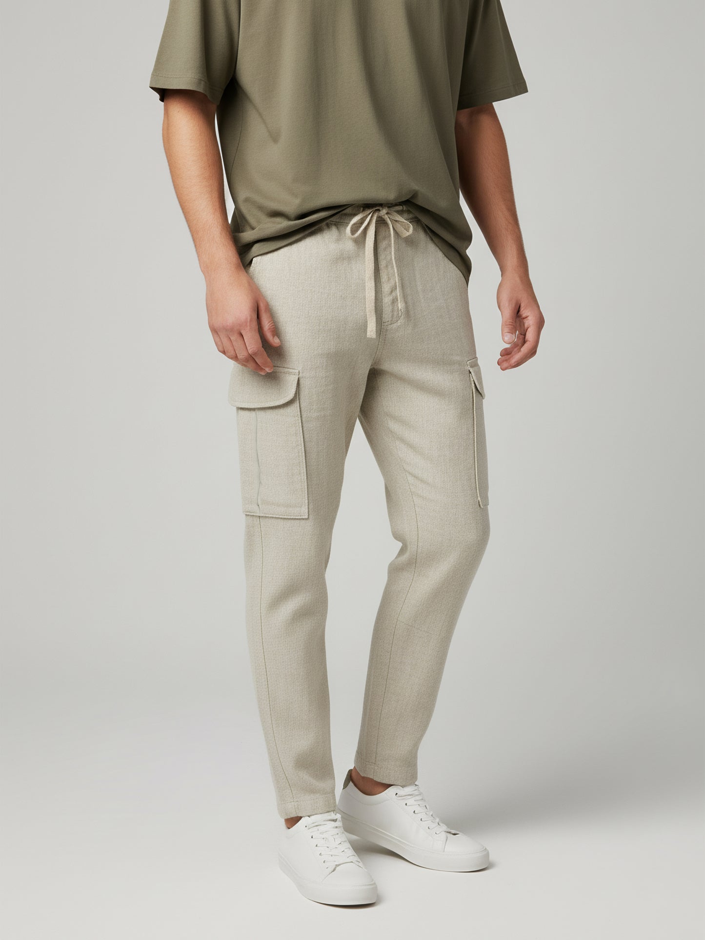 Celio* Men  Cream Solid straight-fit Cotton-Linen-Blend Trousers