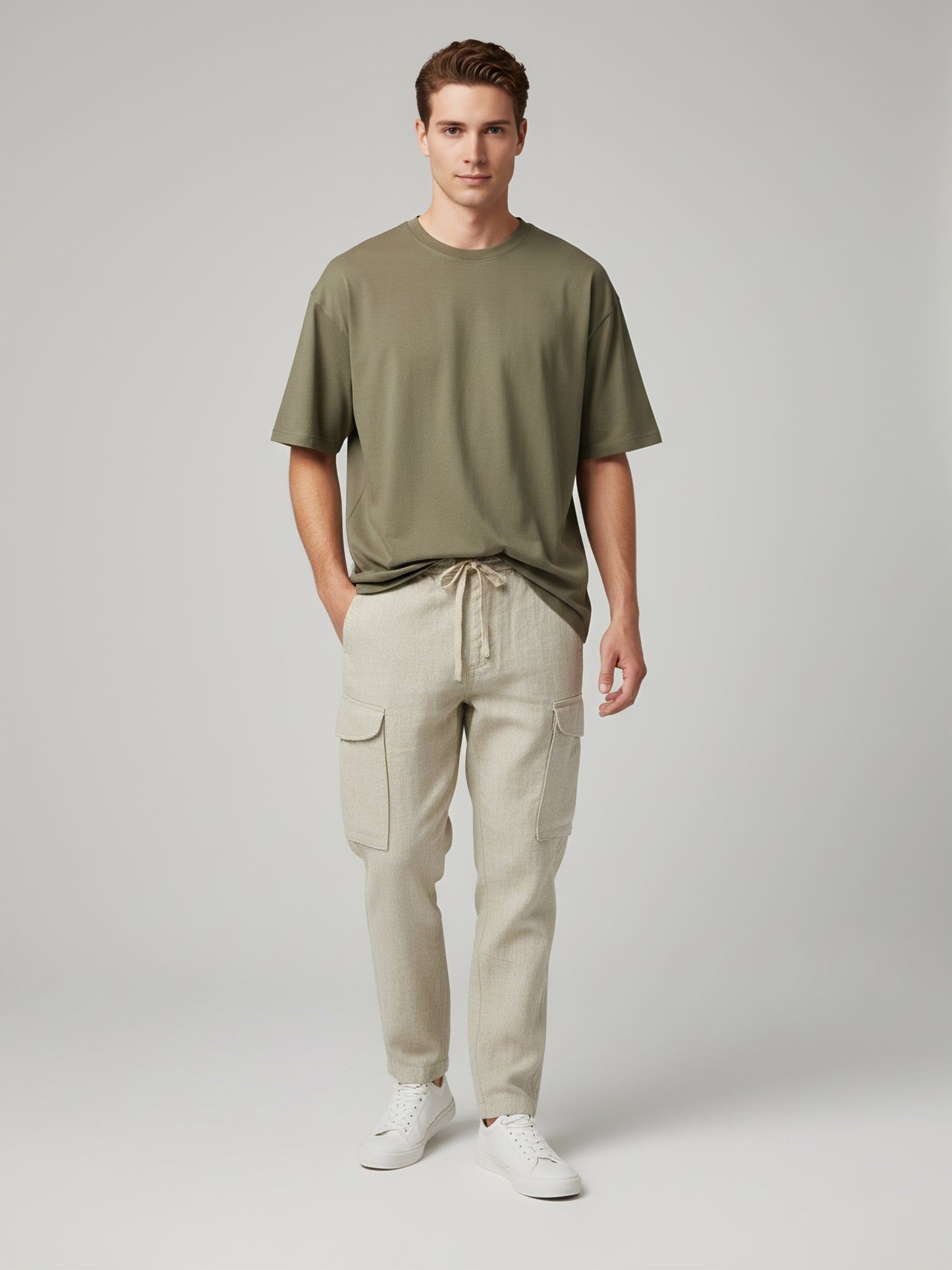 Celio* Men  Cream Solid straight-fit Cotton-Linen-Blend Trousers