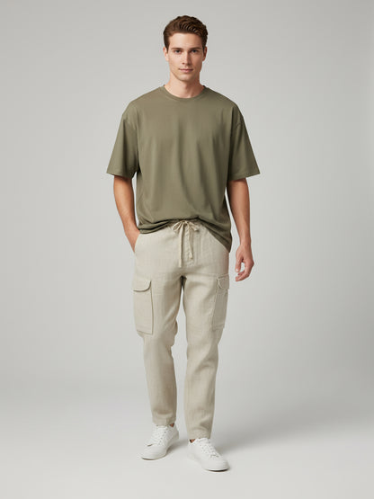 Celio* Men  Cream Solid straight-fit Cotton-Linen-Blend Trousers