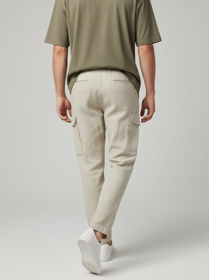 Celio* Men  Cream Solid straight-fit Cotton-Linen-Blend Trousers