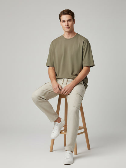 Celio* Men  Cream Solid straight-fit Cotton-Linen-Blend Trousers