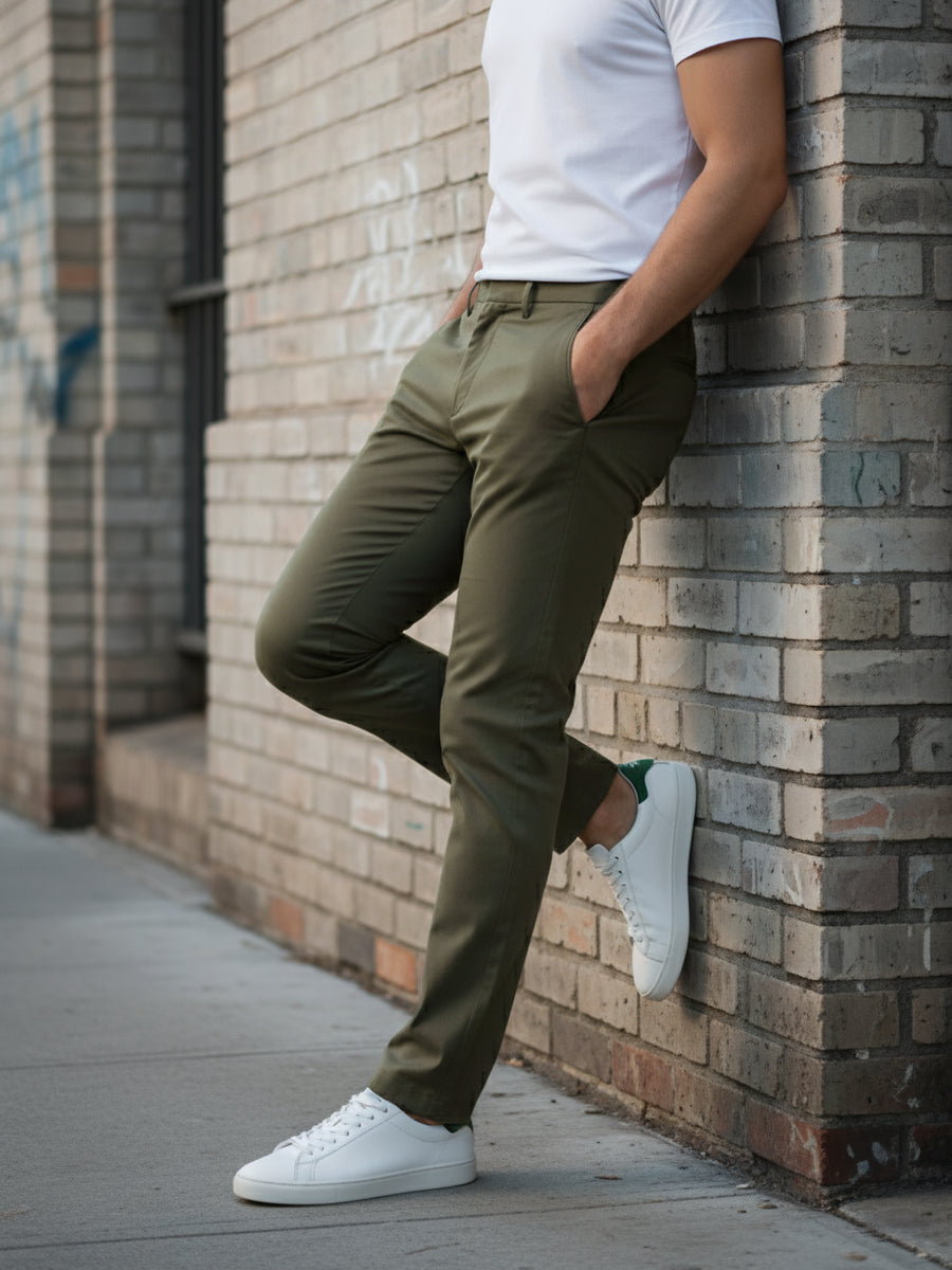 Celio* Olive Men Polyester Solid Regular Fit Trousers
