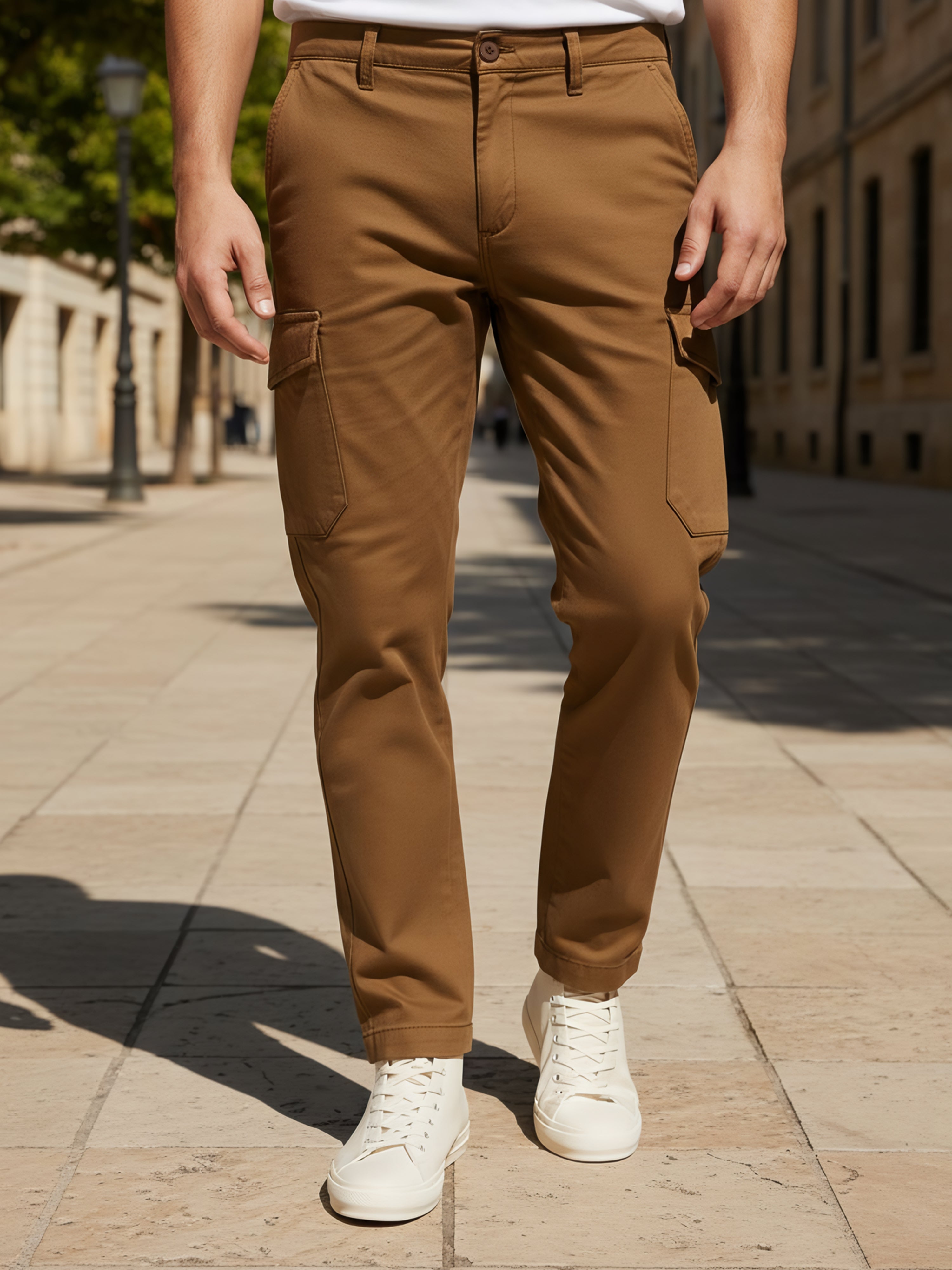 Celio Men  Brown Solid straight-fit Cotton Trousers