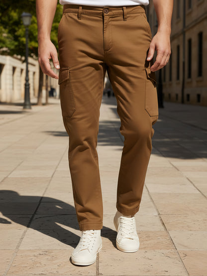 Celio* Men  Brown Solid straight-fit Cotton Trousers