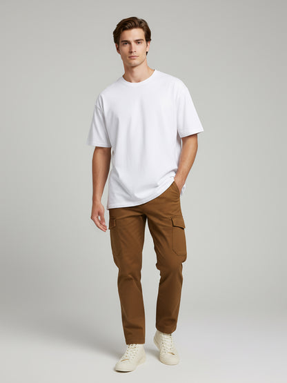 Celio* Men  Brown Solid straight-fit Cotton Trousers
