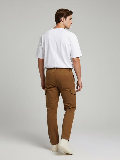 Celio* Men  Brown Solid straight-fit Cotton Trousers