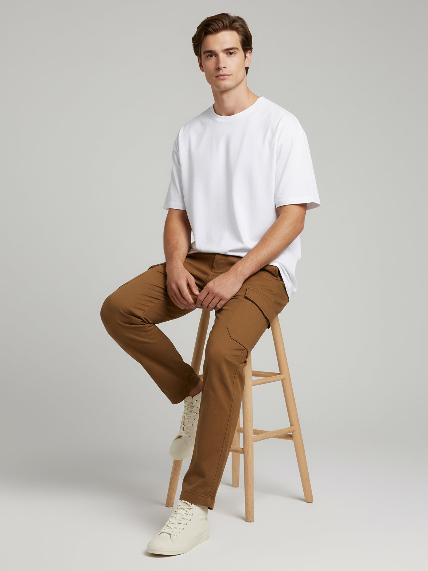 Celio* Men  Brown Solid straight-fit Cotton Trousers