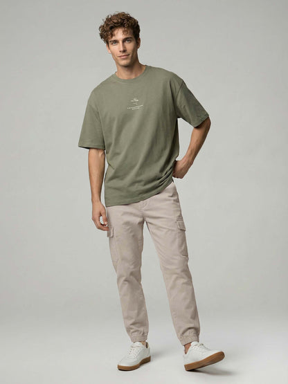 Celio* Men Beige Solid Straight Fit Cotton Trousers