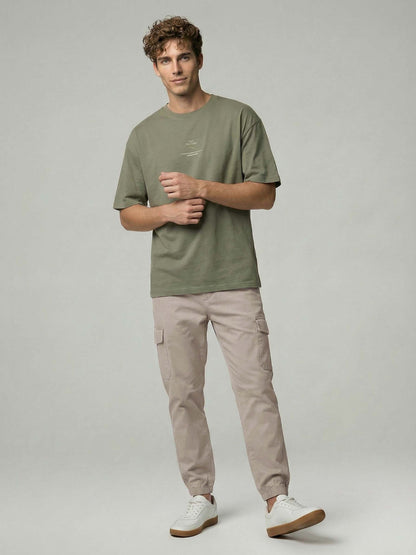 Celio* Men Beige Solid Straight Fit Cotton Trousers