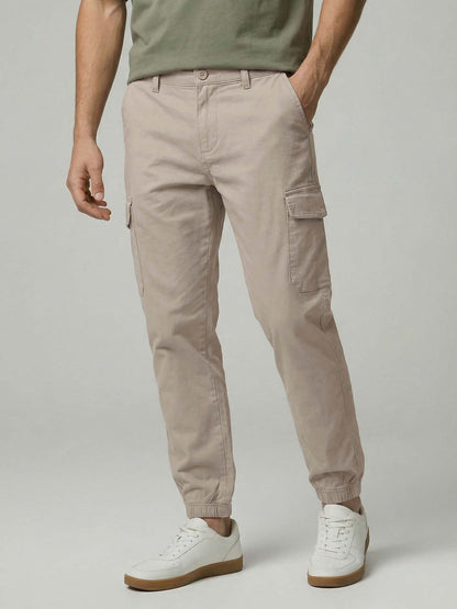Celio* Men Beige Solid Straight Fit Cotton Trousers