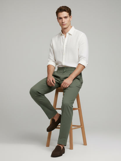 Celio* Men Olive Solid Slim Fit Cotton Trousers