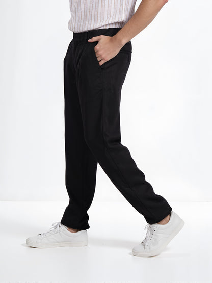 Celio* Men Black Straight Fit Viscose Rayon Tencel Trouser