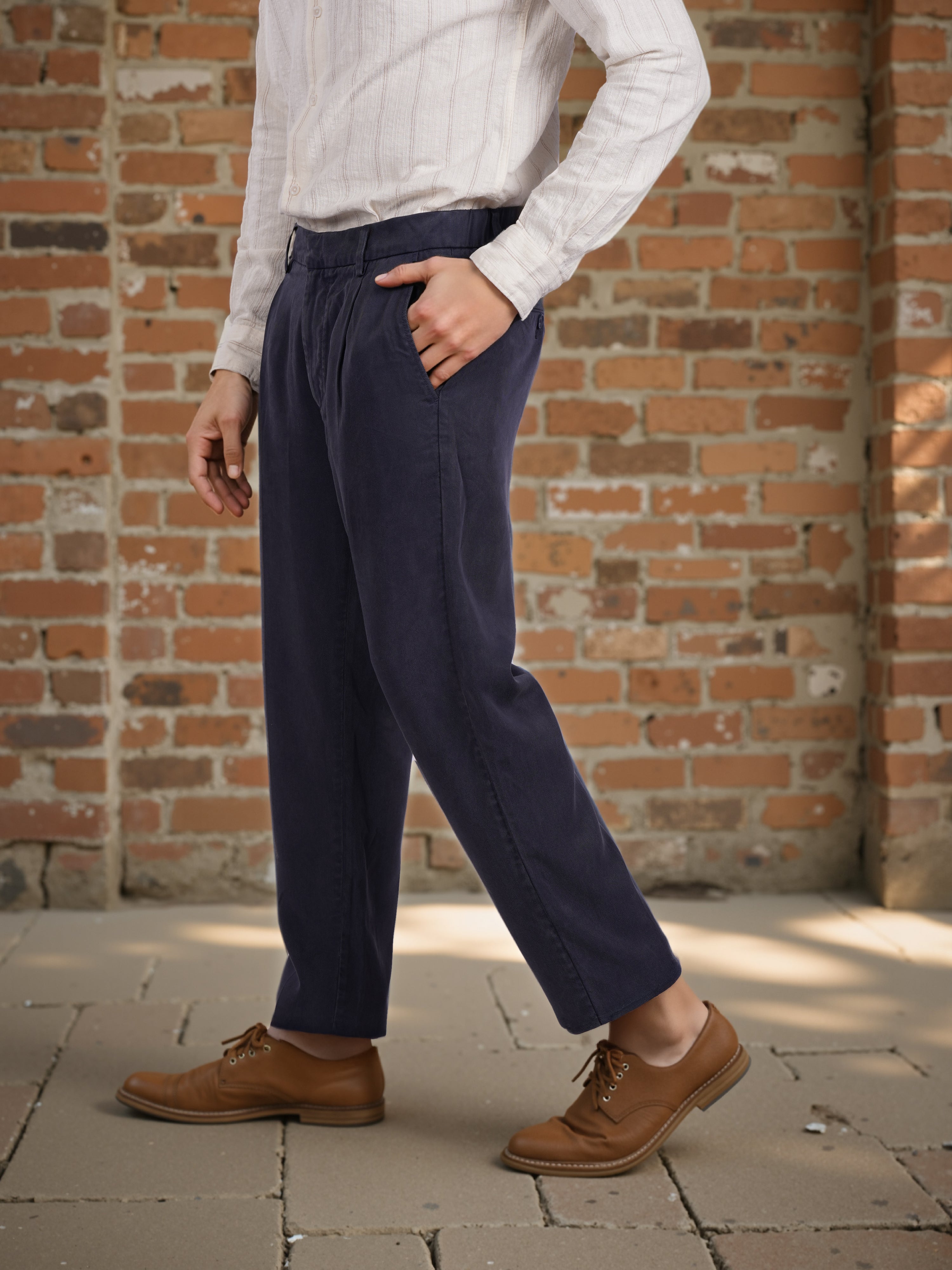 Celio* Men Navy Blue Straight Fit Viscose Rayon Tencel Trouser