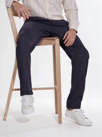 Celio* Men Navy Blue Straight Fit Viscose Rayon Tencel Trouser