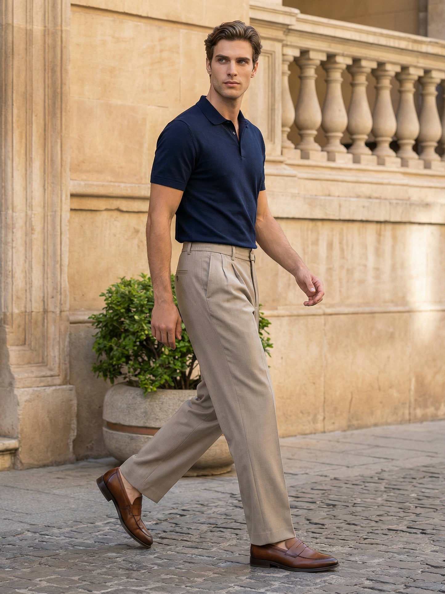 Celio* Men Beige Solid Baggy Fit Polyester Trousers