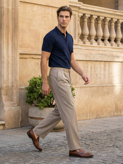 Celio* Men Beige Solid Baggy Fit Polyester Trousers