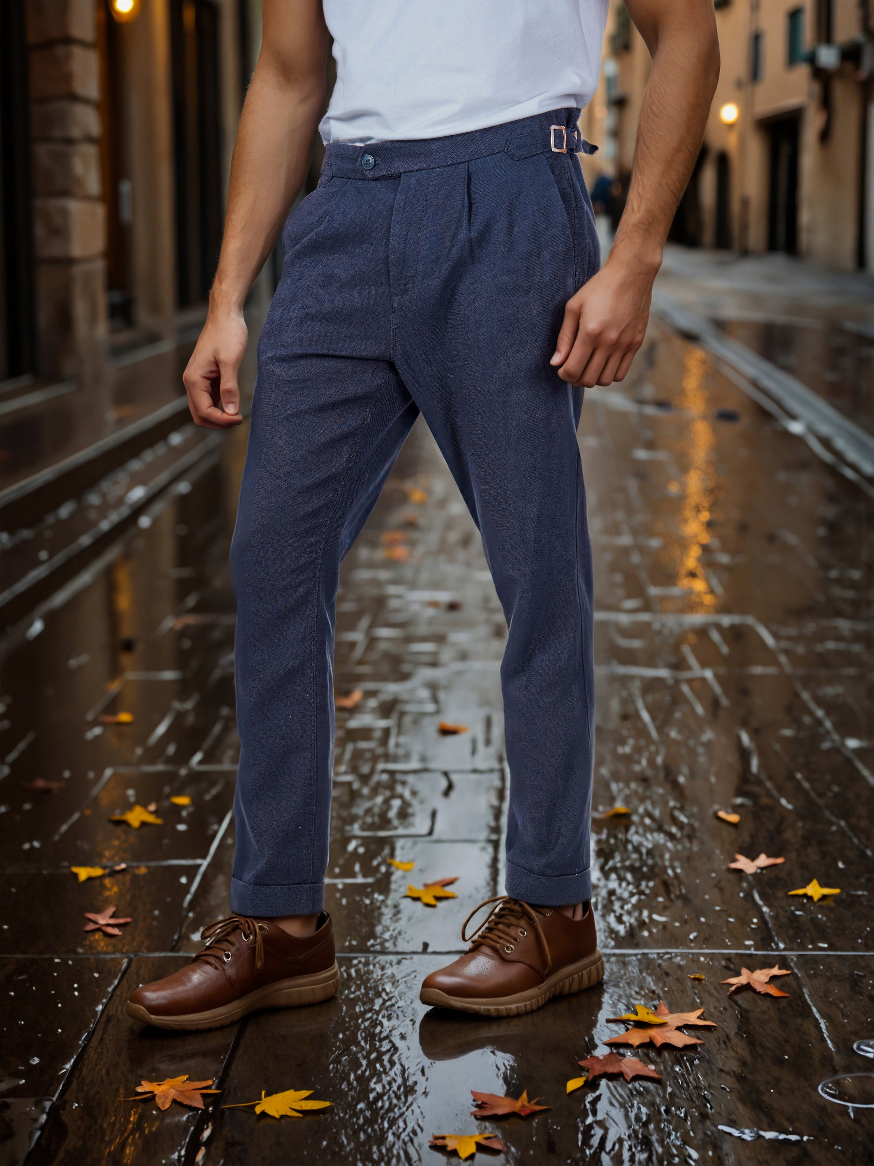 Celio* Men Navy Blue Solid Slim Fit Cotton-Linen-Blend Trousers