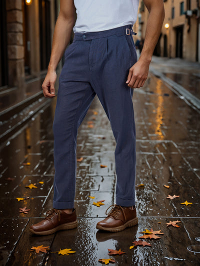 Celio* Men Navy Blue Solid Slim Fit Cotton-Linen-Blend Trousers