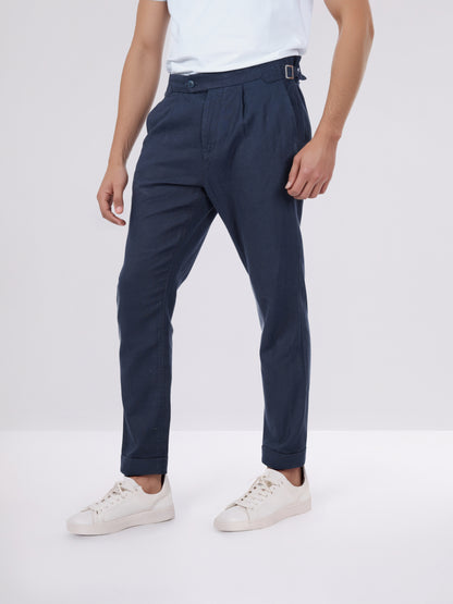 Celio* Men Navy Blue Solid Slim Fit Cotton-Linen-Blend Trousers
