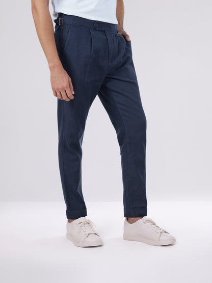 Celio* Men Navy Blue Solid Slim Fit Cotton-Linen-Blend Trousers