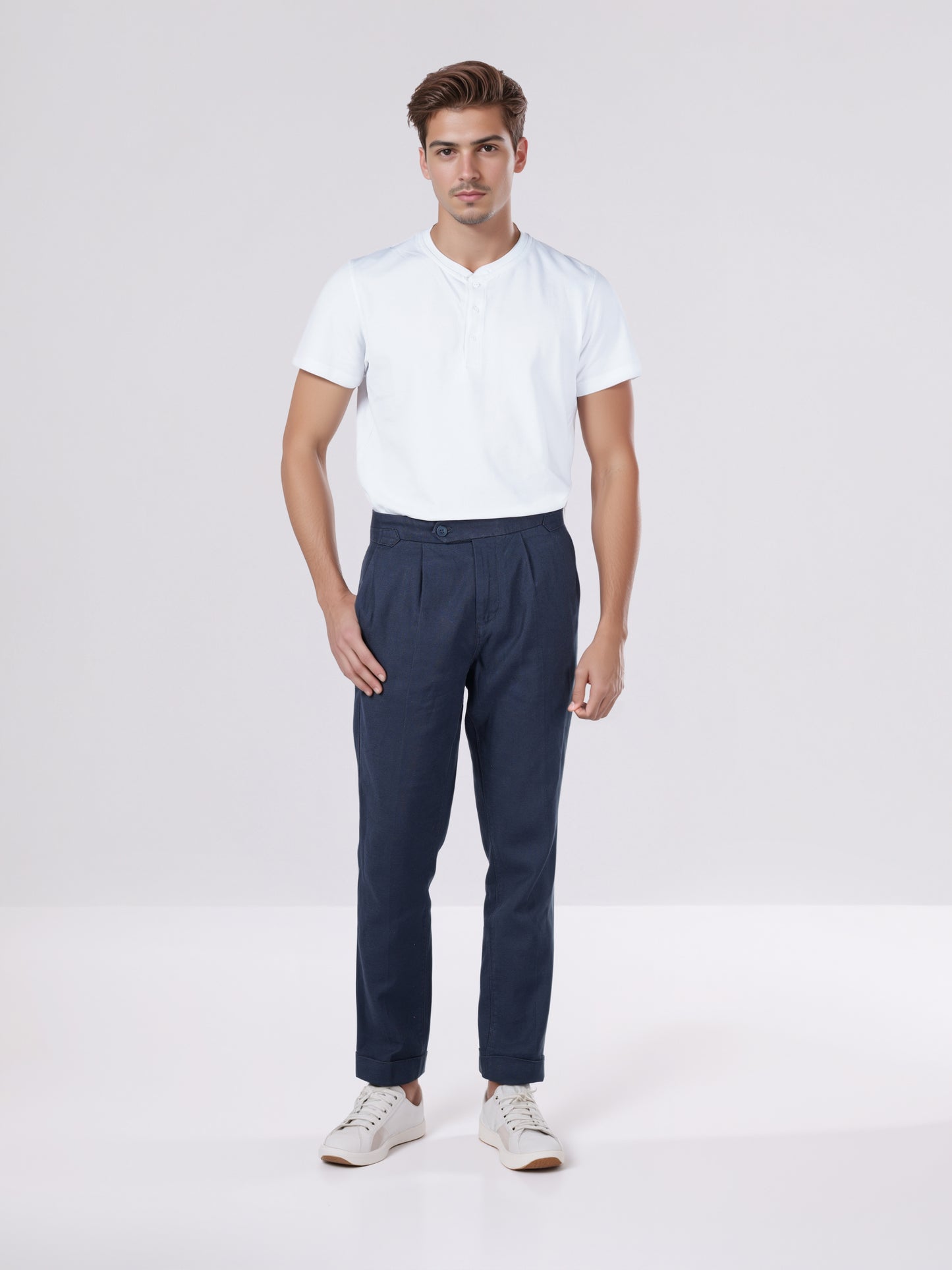 Celio* Men Navy Blue Solid Slim Fit Cotton-Linen-Blend Trousers