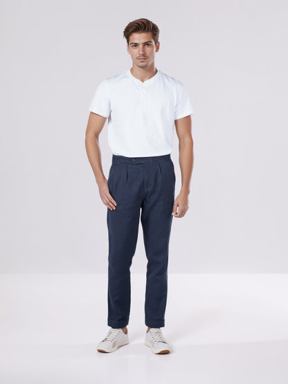 Celio* Men Navy Blue Solid Slim Fit Cotton-Linen-Blend Trousers