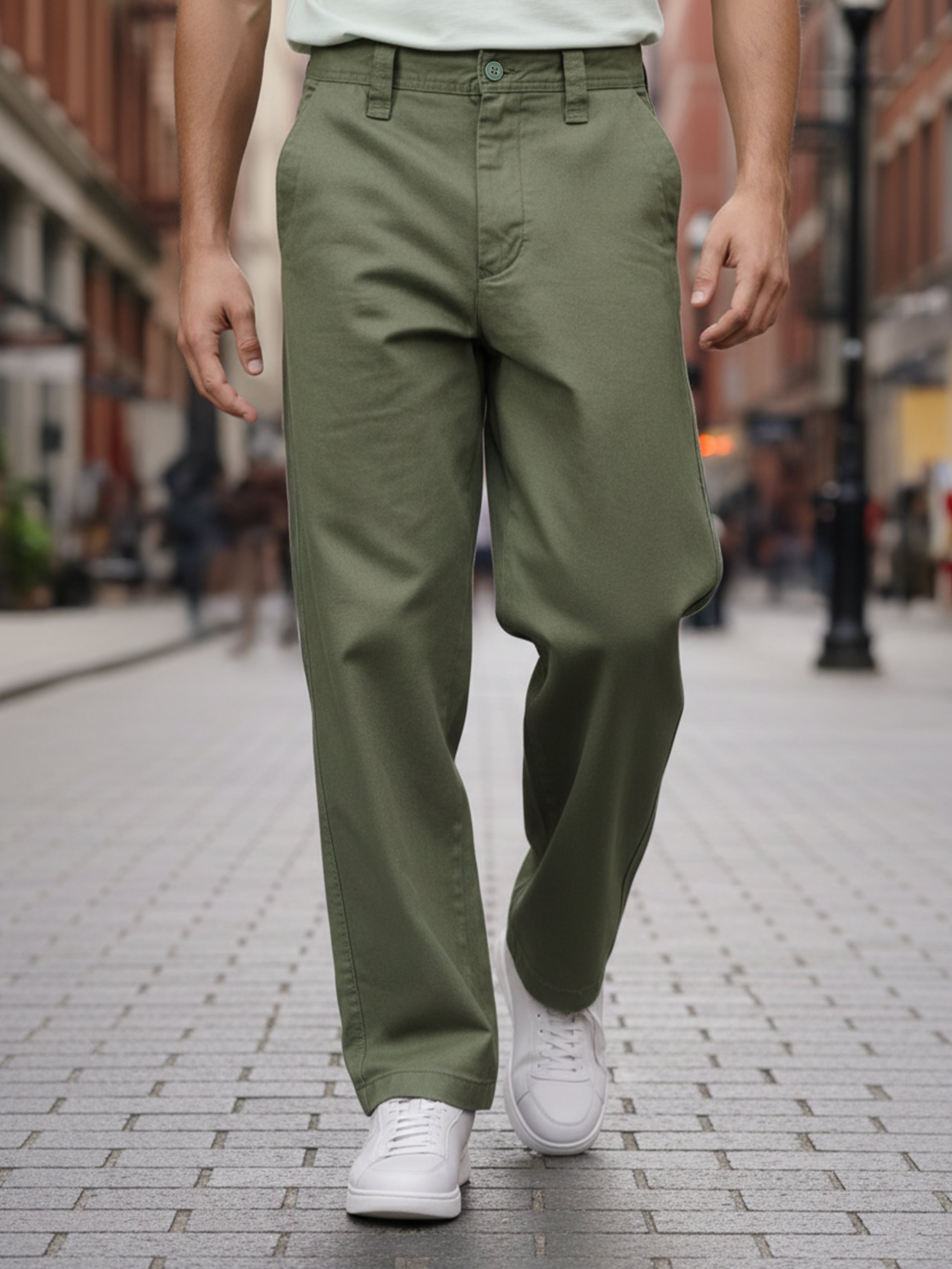 Celio Men Olive Solid Baggy Fit Cotton Trousers