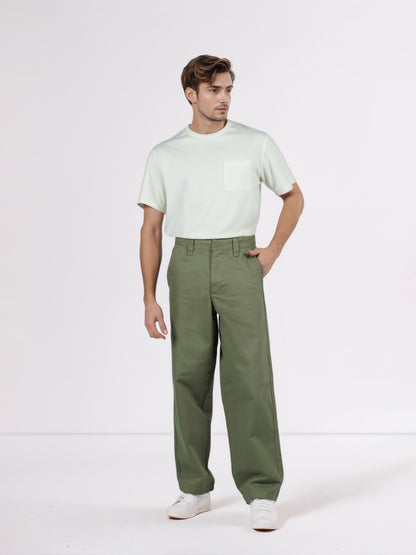 Celio* Men Olive Solid Baggy Fit Cotton Trousers