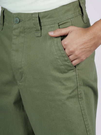 Celio* Men Olive Solid Baggy Fit Cotton Trousers